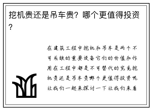 挖机贵还是吊车贵？哪个更值得投资？